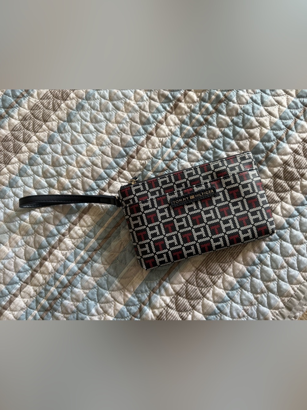 Black Patterned Wristlet Phone Case with Red and White Accents